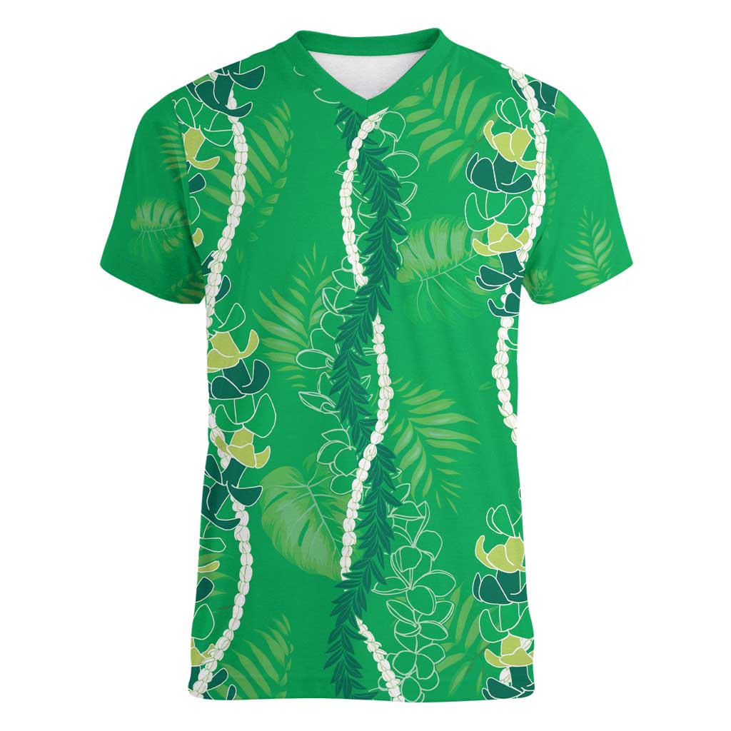 Hawaii Maile Lei Women V-Neck T-Shirt With Green Monstera Pattern