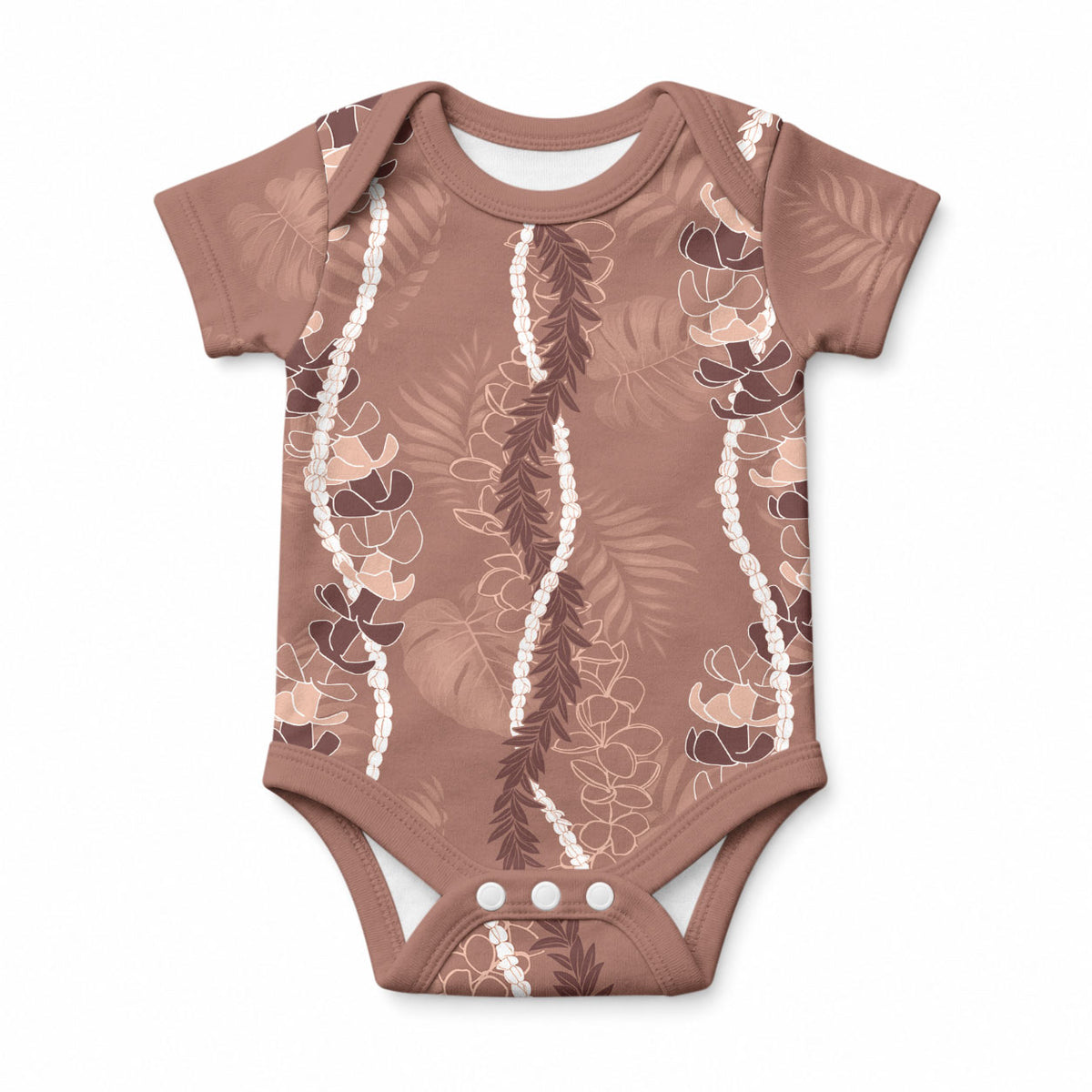 Hawaii Maile Lei Baby Onesie With Brown Monstera Pattern LT05 Brown - Polynesian Pride