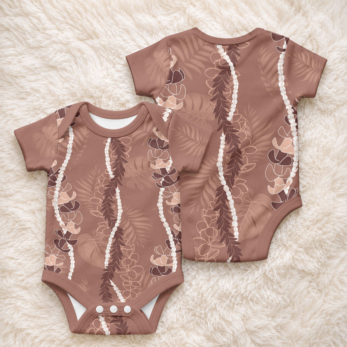 Hawaii Maile Lei Baby Onesie With Brown Monstera Pattern LT05 - Polynesian Pride