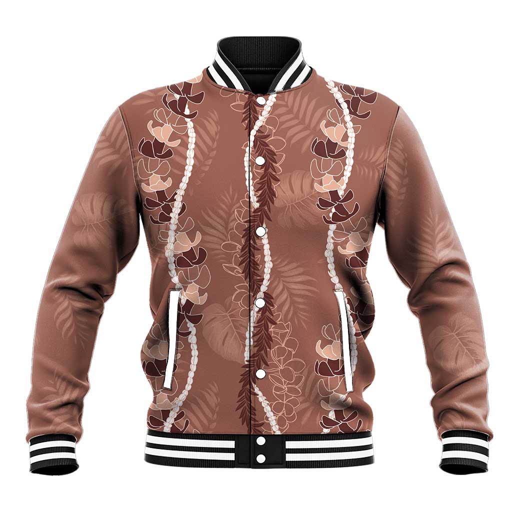 Hawaii Maile Lei Baseball Jacket With Brown Monstera Pattern