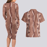 Hawaii Maile Lei Couples Matching Long Sleeve Bodycon Dress and Hawaiian Shirt With Brown Monstera Pattern