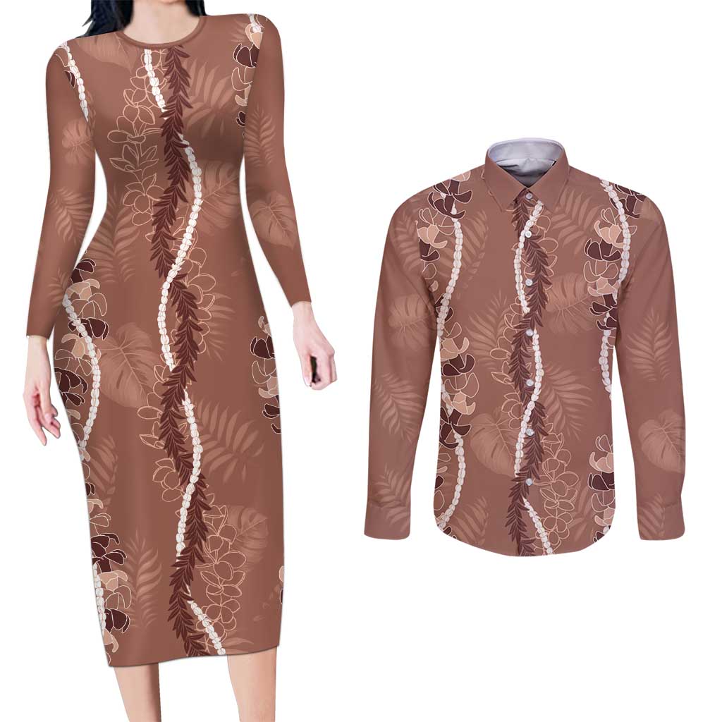 Hawaii Maile Lei Couples Matching Long Sleeve Bodycon Dress and Long Sleeve Button Shirt With Brown Monstera Pattern