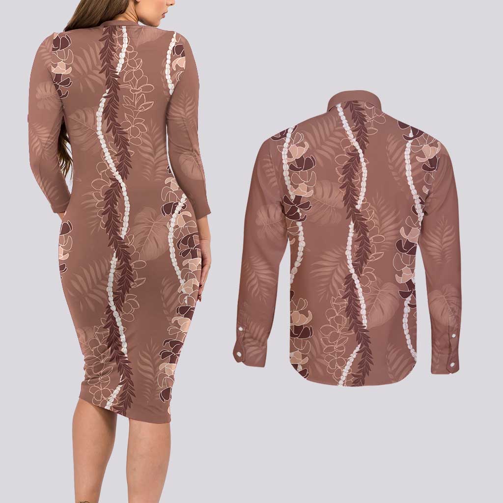 Hawaii Maile Lei Couples Matching Long Sleeve Bodycon Dress and Long Sleeve Button Shirt With Brown Monstera Pattern