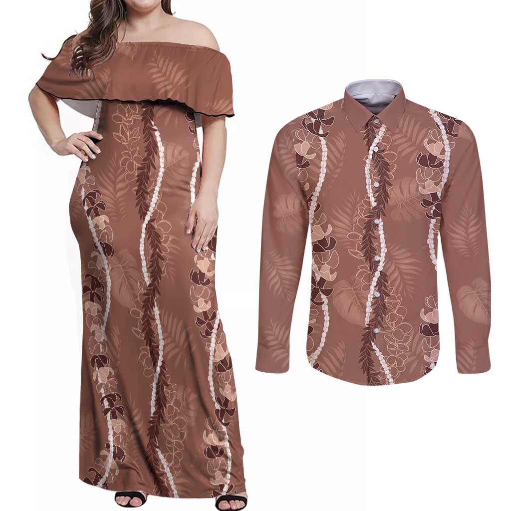 Hawaii Maile Lei Couples Matching Off Shoulder Maxi Dress and Long Sleeve Button Shirt With Brown Monstera Pattern