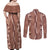 Hawaii Maile Lei Couples Matching Off Shoulder Maxi Dress and Long Sleeve Button Shirt With Brown Monstera Pattern