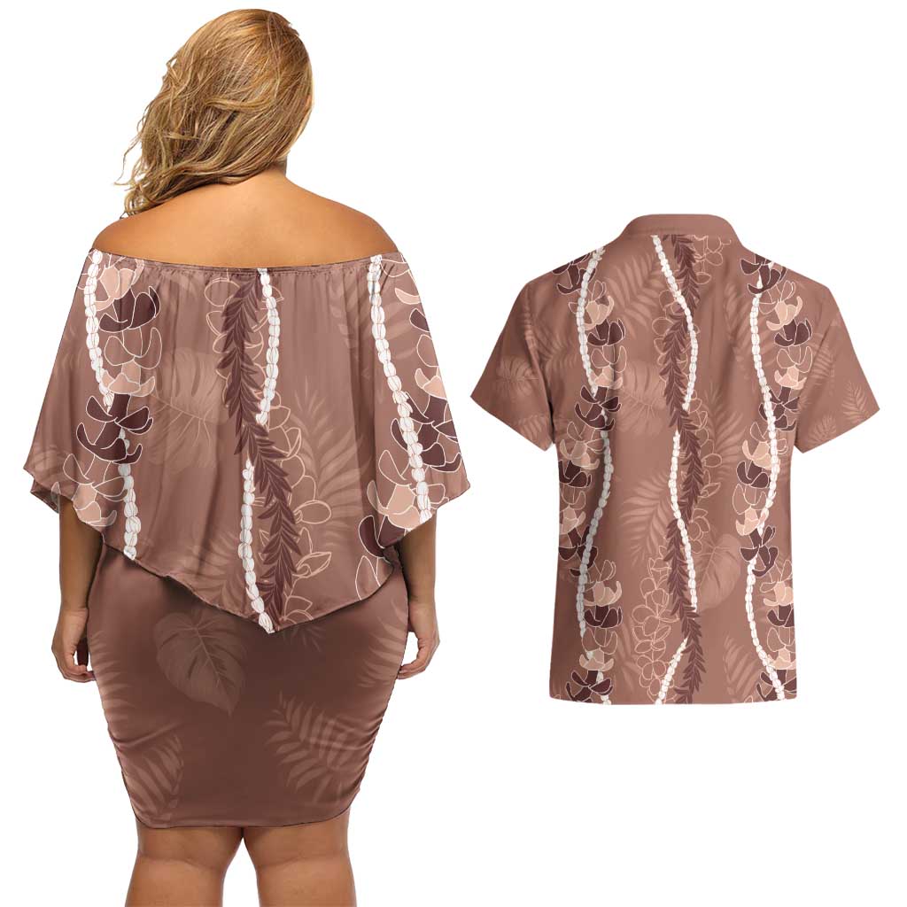 Hawaii Maile Lei Couples Matching Off Shoulder Short Dress and Hawaiian Shirt With Brown Monstera Pattern