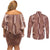 Hawaii Maile Lei Couples Matching Off Shoulder Short Dress and Long Sleeve Button Shirt With Brown Monstera Pattern