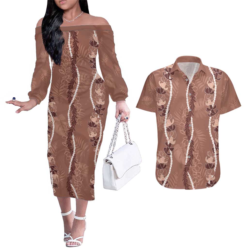 Hawaii Maile Lei Couples Matching Off The Shoulder Long Sleeve Dress and Hawaiian Shirt With Brown Monstera Pattern