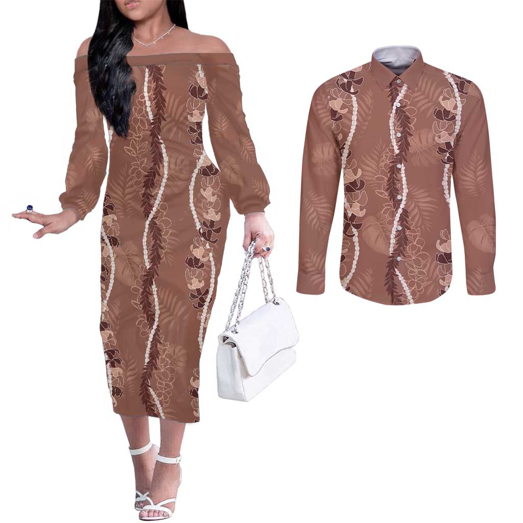 Hawaii Maile Lei Couples Matching Off The Shoulder Long Sleeve Dress and Long Sleeve Button Shirt With Brown Monstera Pattern