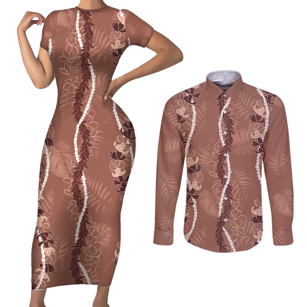 Hawaii Maile Lei Couples Matching Short Sleeve Bodycon Dress and Long Sleeve Button Shirt With Brown Monstera Pattern