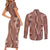 Hawaii Maile Lei Couples Matching Short Sleeve Bodycon Dress and Long Sleeve Button Shirt With Brown Monstera Pattern