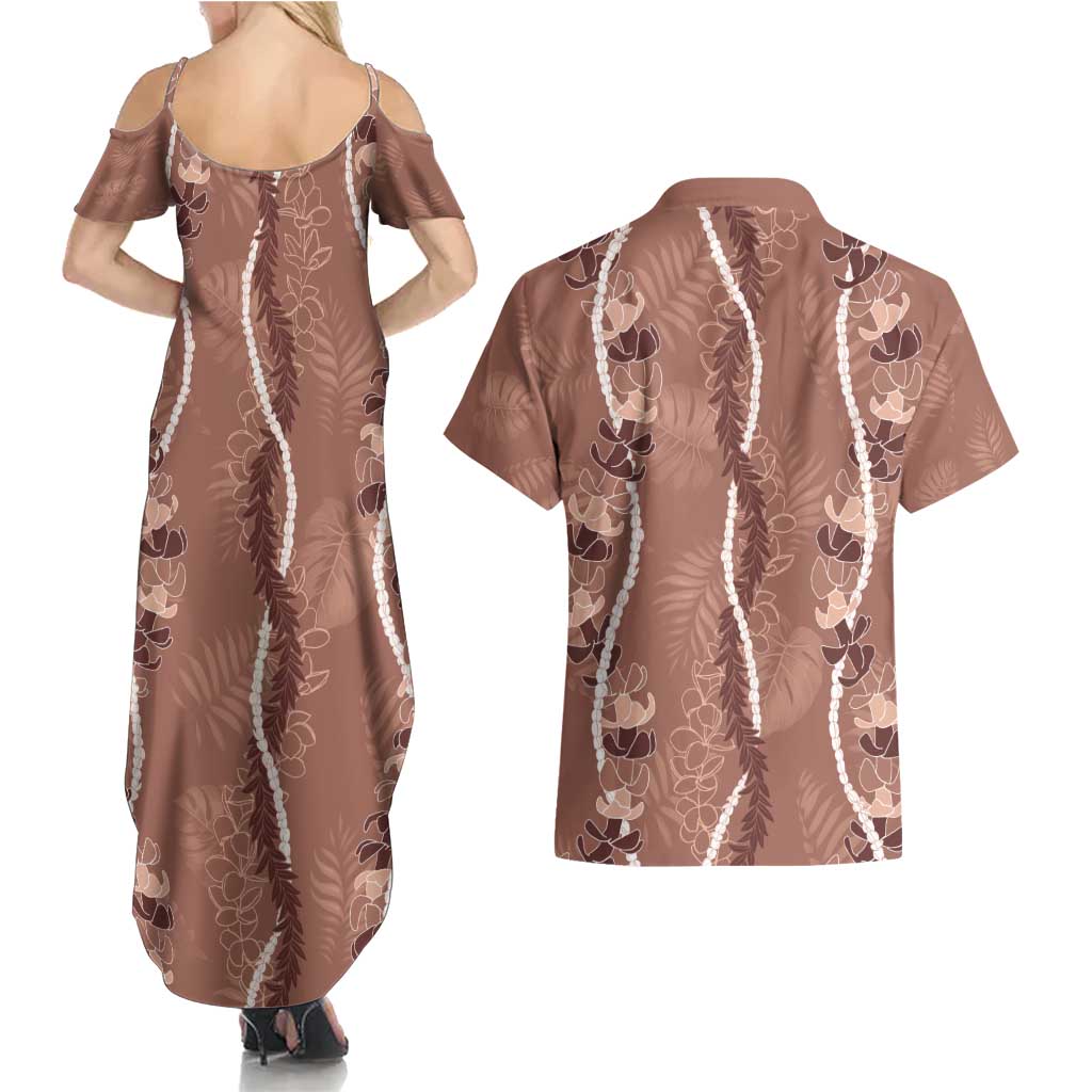 Hawaii Maile Lei Couples Matching Summer Maxi Dress and Hawaiian Shirt With Brown Monstera Pattern
