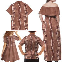 Hawaii Maile Lei Family Matching Off Shoulder Maxi Dress and Hawaiian Shirt With Brown Monstera Pattern