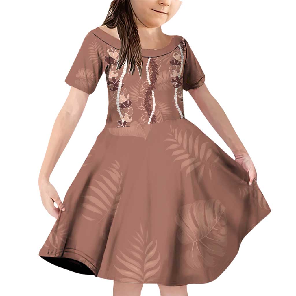 Hawaii Maile Lei Family Matching Off Shoulder Short Dress and Hawaiian Shirt With Brown Monstera Pattern