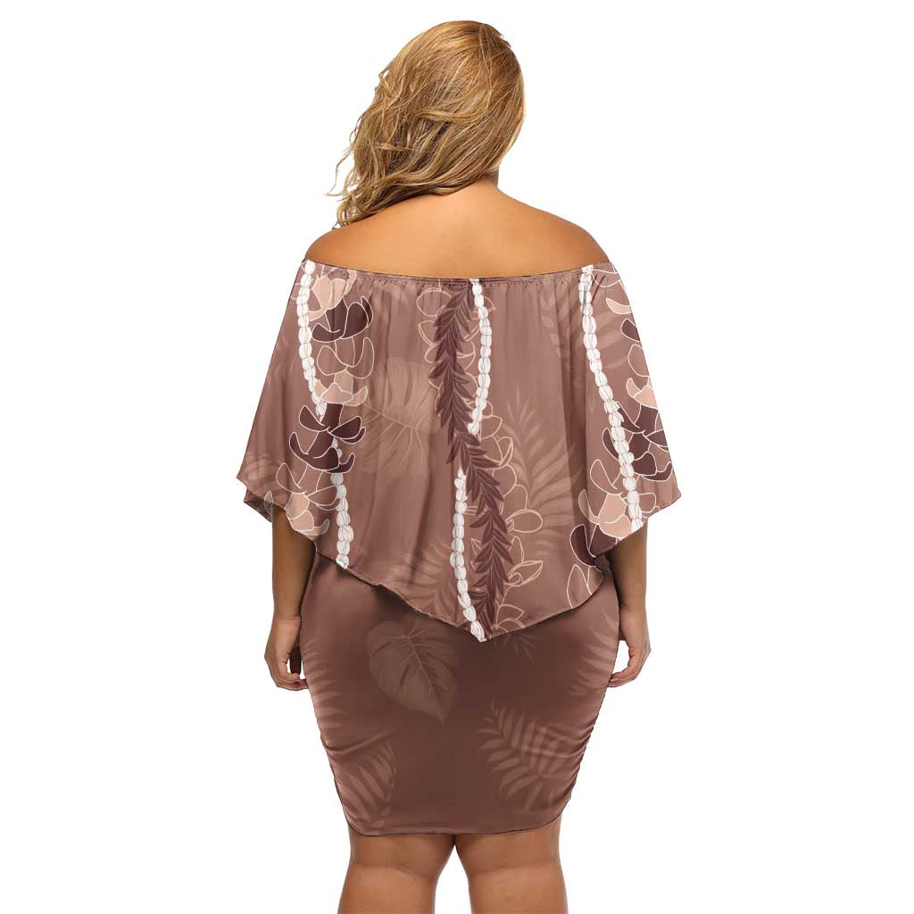 Hawaii Maile Lei Family Matching Off Shoulder Short Dress and Hawaiian Shirt With Brown Monstera Pattern