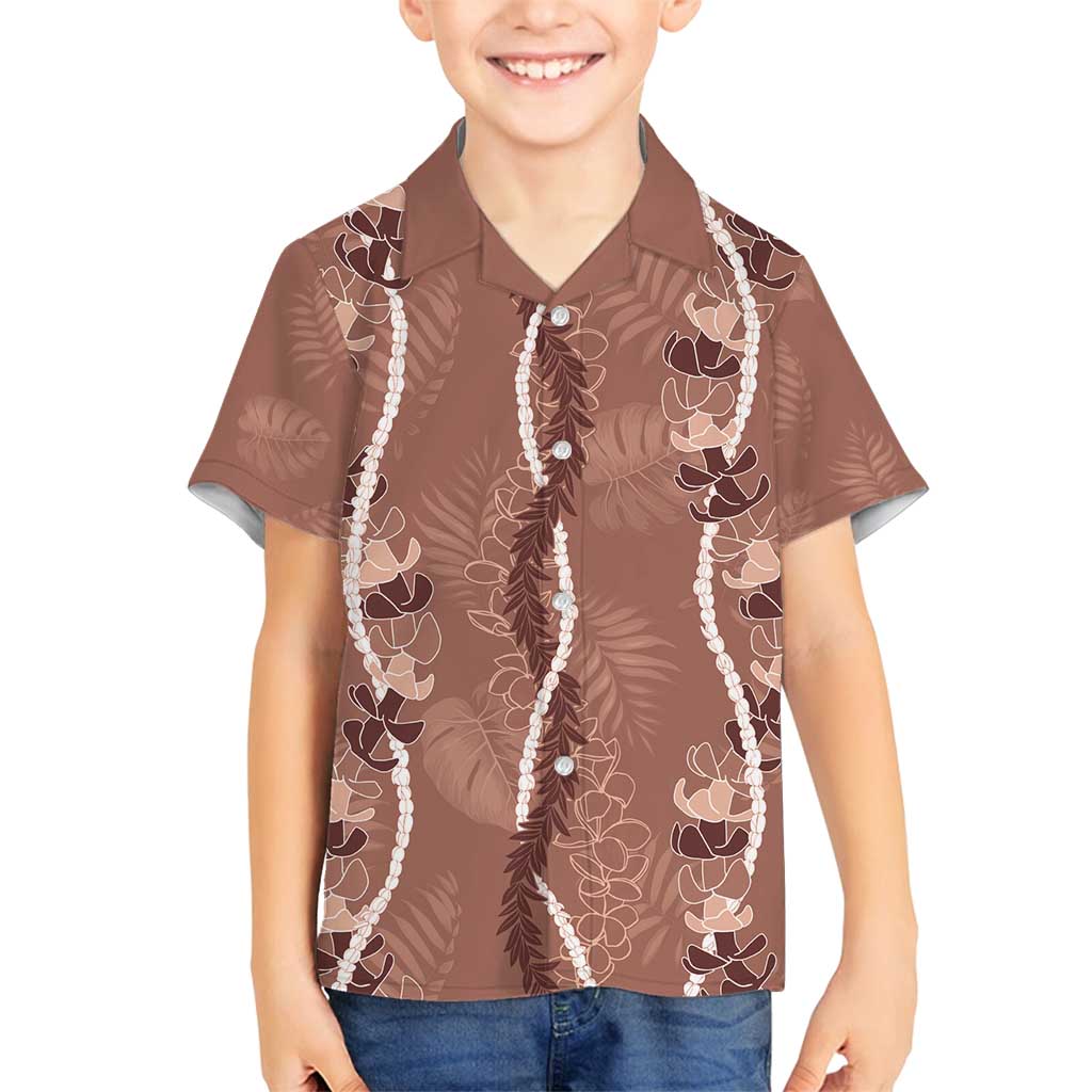 Hawaii Maile Lei Family Matching Off Shoulder Short Dress and Hawaiian Shirt With Brown Monstera Pattern