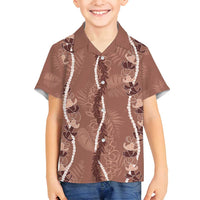 Hawaii Maile Lei Family Matching Off Shoulder Short Dress and Hawaiian Shirt With Brown Monstera Pattern
