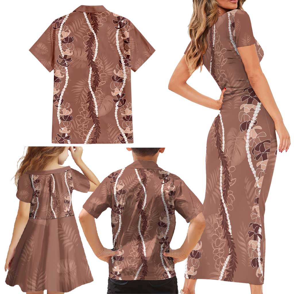 Hawaii Maile Lei Family Matching Short Sleeve Bodycon Dress and Hawaiian Shirt With Brown Monstera Pattern
