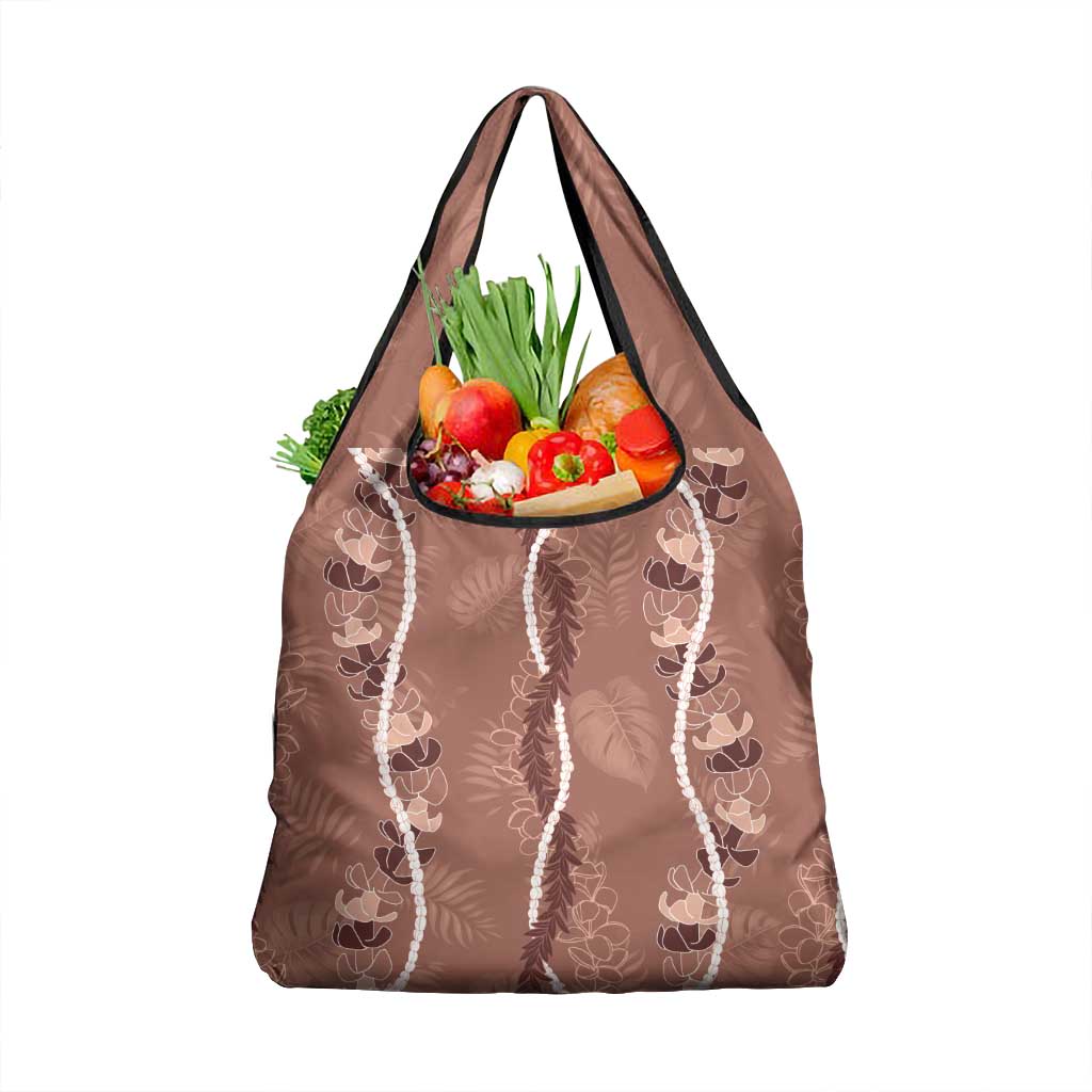 Hawaii Maile Lei Grocery Bag With Brown Monstera Pattern