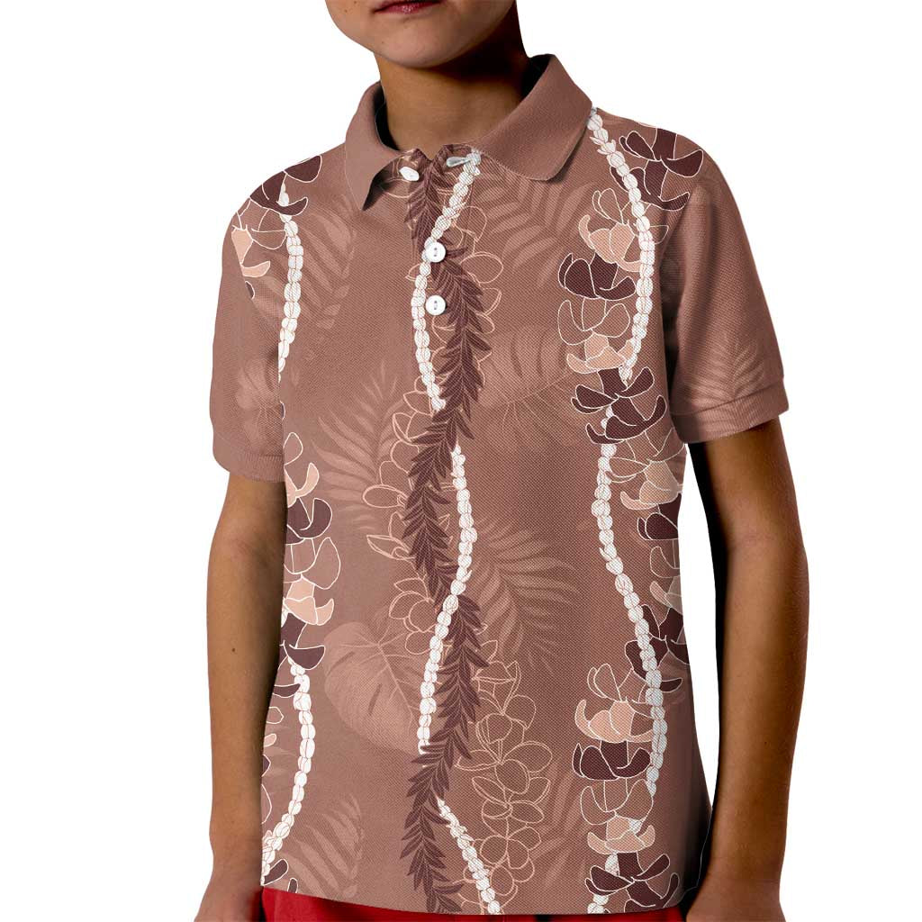 Hawaii Maile Lei Kid Polo Shirt With Brown Monstera Pattern