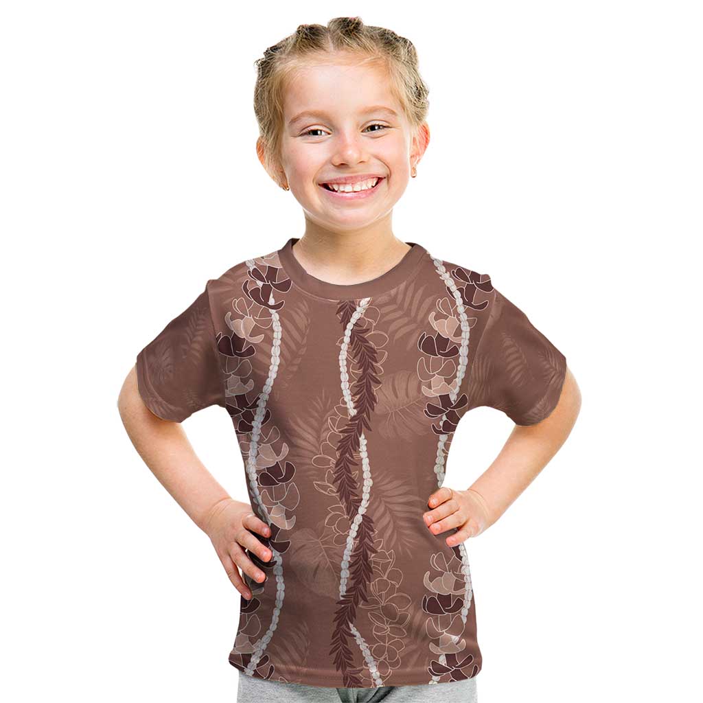 Hawaii Maile Lei Kid T Shirt With Brown Monstera Pattern