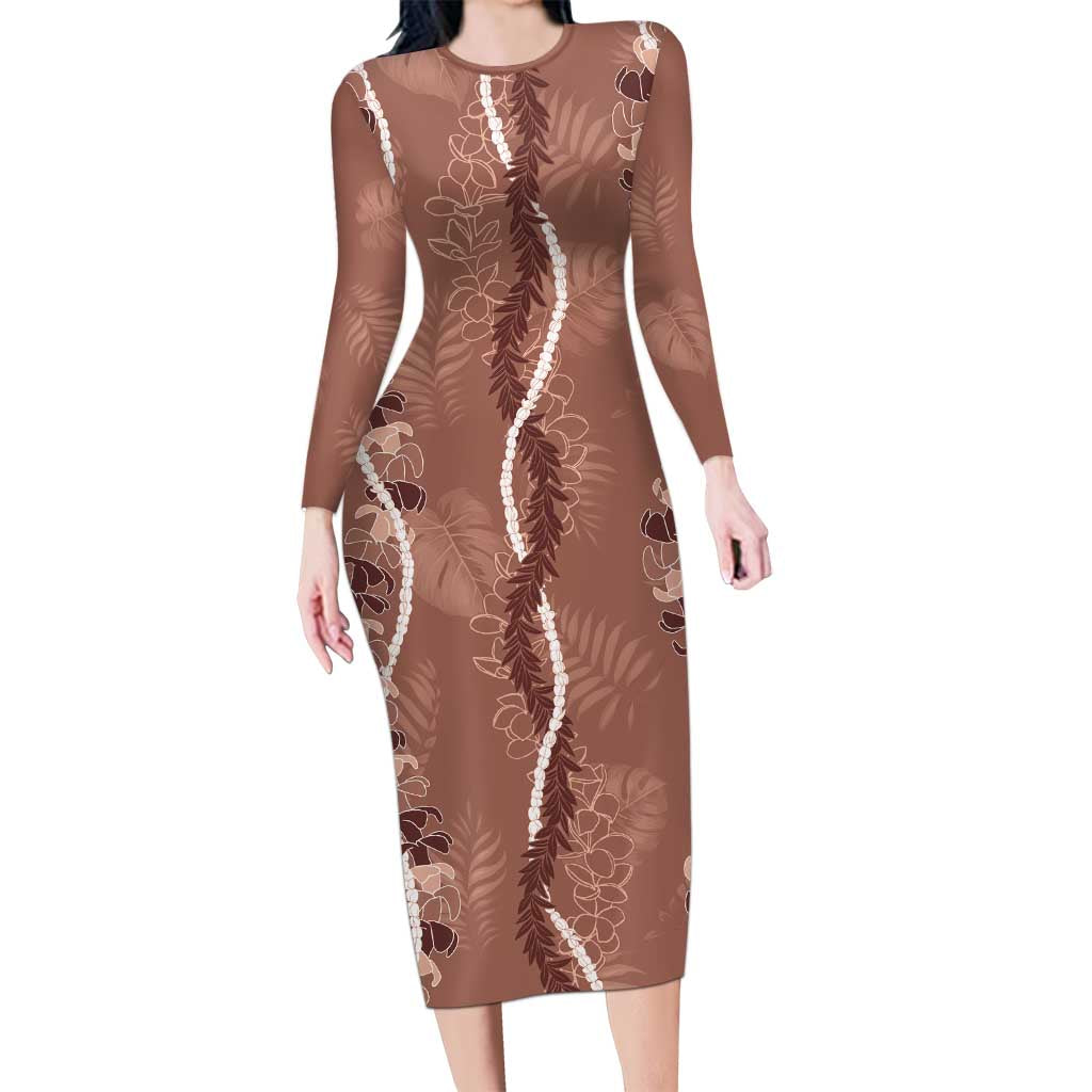 Hawaii Maile Lei Long Sleeve Bodycon Dress With Brown Monstera Pattern