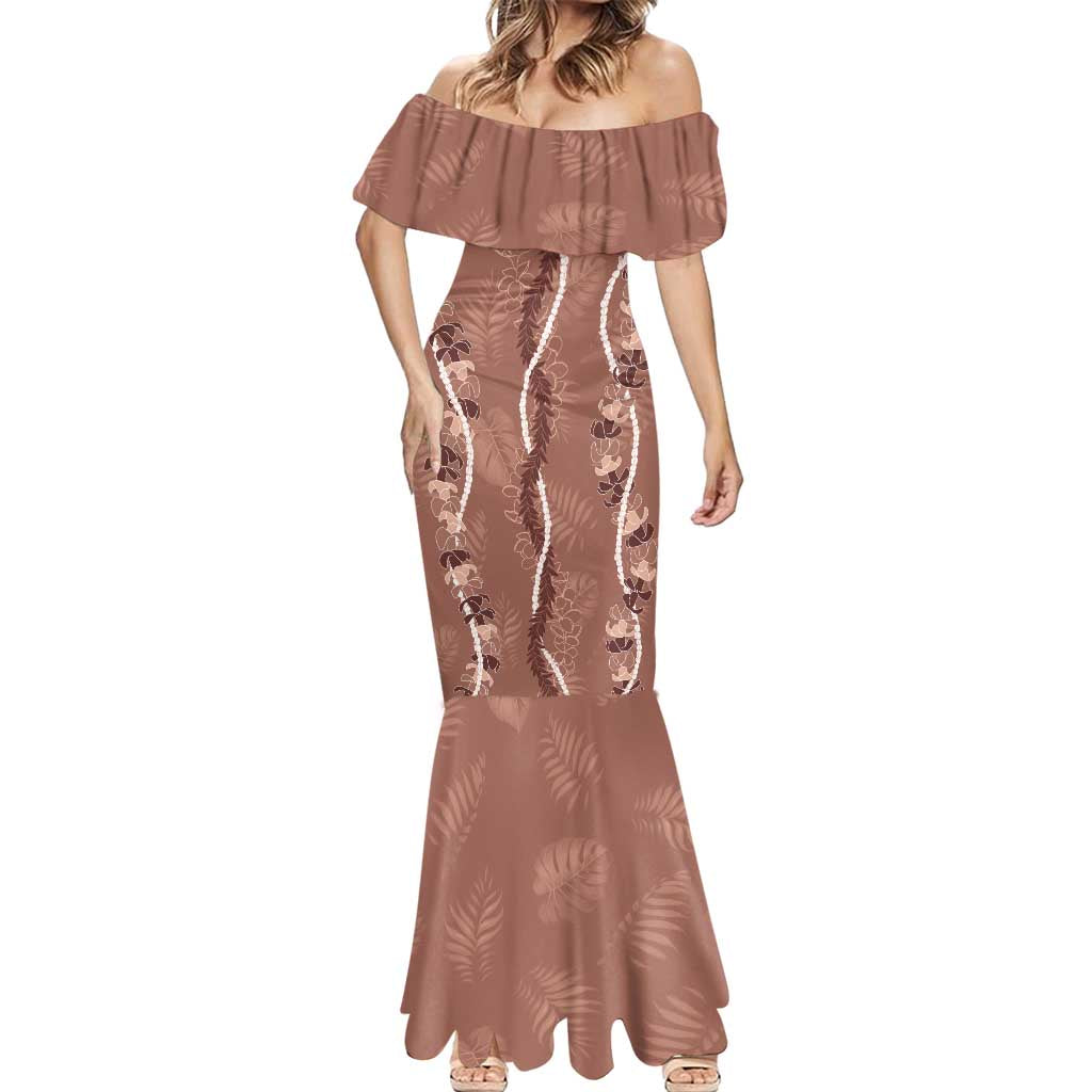 Hawaii Maile Lei Mermaid Dress With Brown Monstera Pattern