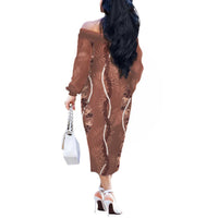 Hawaii Maile Lei Off The Shoulder Long Sleeve Dress With Brown Monstera Pattern