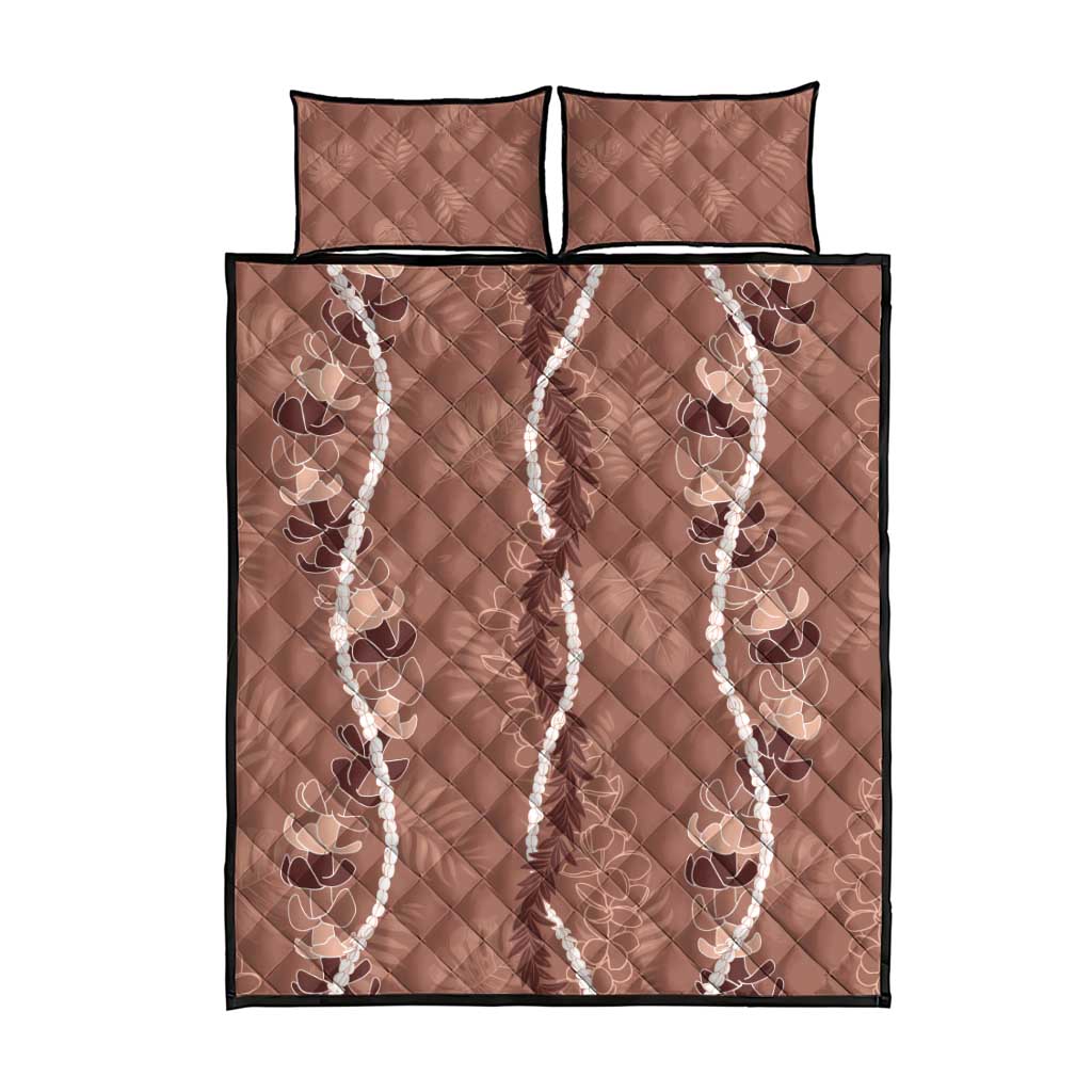 Hawaii Maile Lei Quilt Bed Set With Brown Monstera Pattern