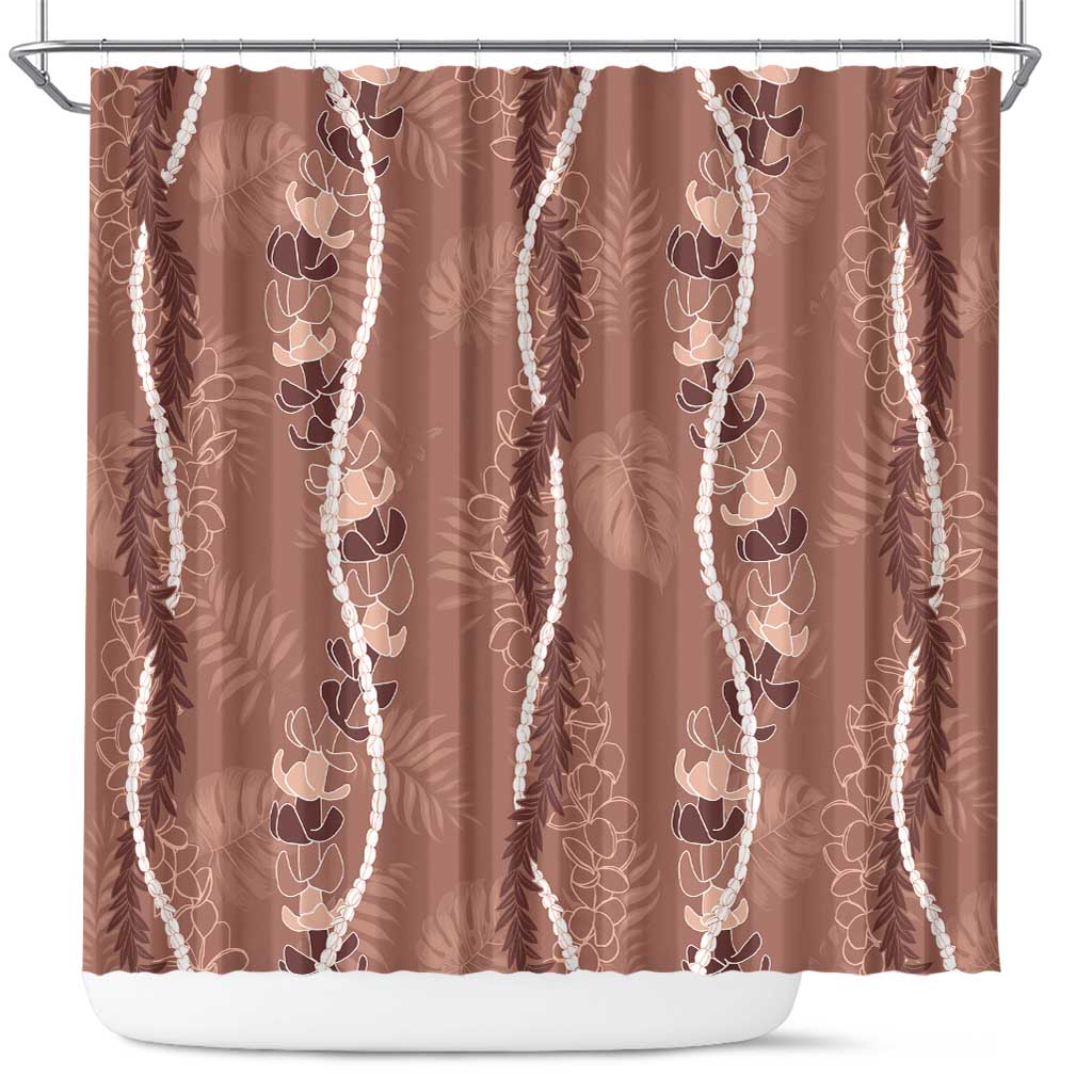 Hawaii Maile Lei Shower Curtain With Brown Monstera Pattern