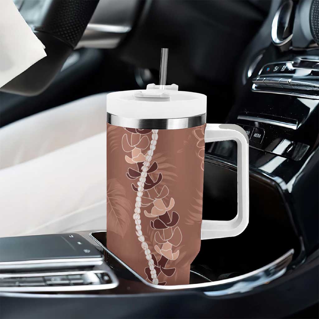 Hawaii Maile Lei Tumbler With Handle With Brown Monstera Pattern
