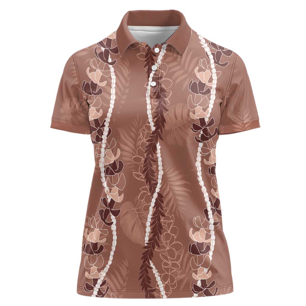 Hawaii Maile Lei Women Polo Shirt With Brown Monstera Pattern