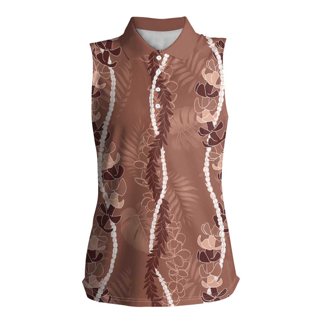 Hawaii Maile Lei Women Sleeveless Polo Shirt With Brown Monstera Pattern