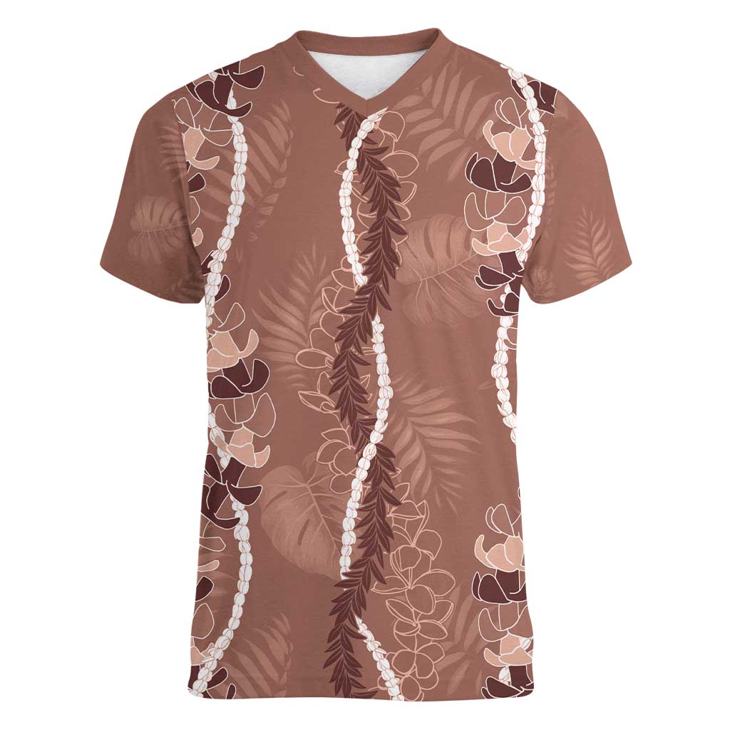 Hawaii Maile Lei Women V-Neck T-Shirt With Brown Monstera Pattern