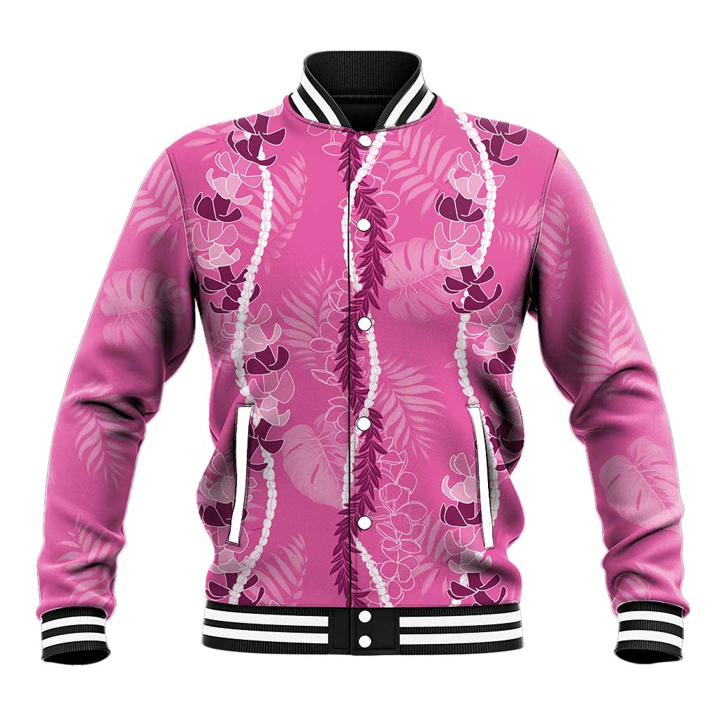 Hawaii Maile Lei Baseball Jacket With Pink Monstera Pattern