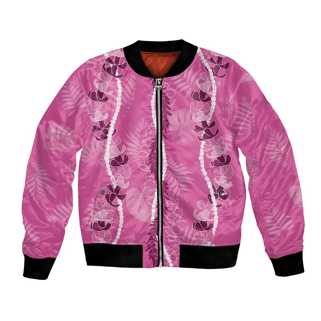 Hawaii Maile Lei Bomber Jacket With Pink Monstera Pattern