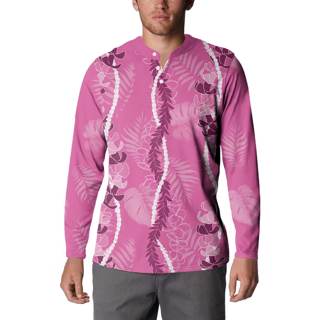 Hawaii Maile Lei Button Sweatshirt With Pink Monstera Pattern