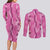 Hawaii Maile Lei Couples Matching Long Sleeve Bodycon Dress and Long Sleeve Button Shirt With Pink Monstera Pattern