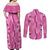 Hawaii Maile Lei Couples Matching Off Shoulder Maxi Dress and Long Sleeve Button Shirt With Pink Monstera Pattern