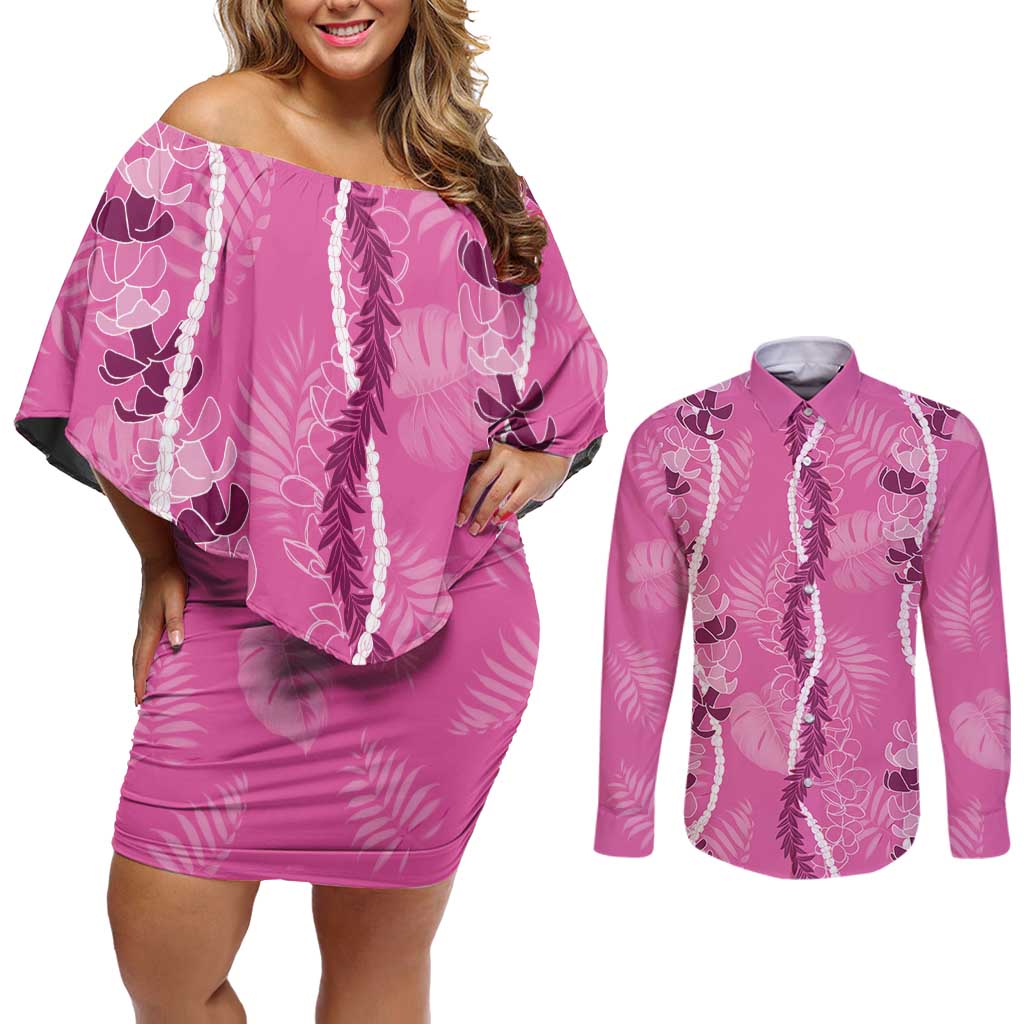 Hawaii Maile Lei Couples Matching Off Shoulder Short Dress and Long Sleeve Button Shirt With Pink Monstera Pattern