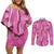 Hawaii Maile Lei Couples Matching Off Shoulder Short Dress and Long Sleeve Button Shirt With Pink Monstera Pattern