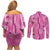 Hawaii Maile Lei Couples Matching Off Shoulder Short Dress and Long Sleeve Button Shirt With Pink Monstera Pattern