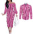 Hawaii Maile Lei Couples Matching Off The Shoulder Long Sleeve Dress and Long Sleeve Button Shirt With Pink Monstera Pattern