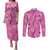 Hawaii Maile Lei Couples Matching Puletasi and Long Sleeve Button Shirt With Pink Monstera Pattern