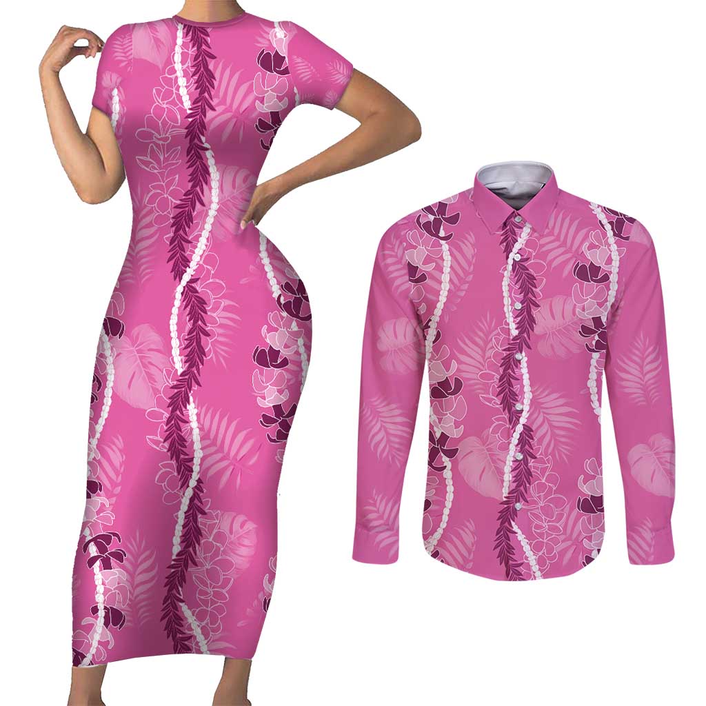 Hawaii Maile Lei Couples Matching Short Sleeve Bodycon Dress and Long Sleeve Button Shirt With Pink Monstera Pattern