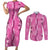 Hawaii Maile Lei Couples Matching Short Sleeve Bodycon Dress and Long Sleeve Button Shirt With Pink Monstera Pattern