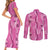 Hawaii Maile Lei Couples Matching Short Sleeve Bodycon Dress and Long Sleeve Button Shirt With Pink Monstera Pattern