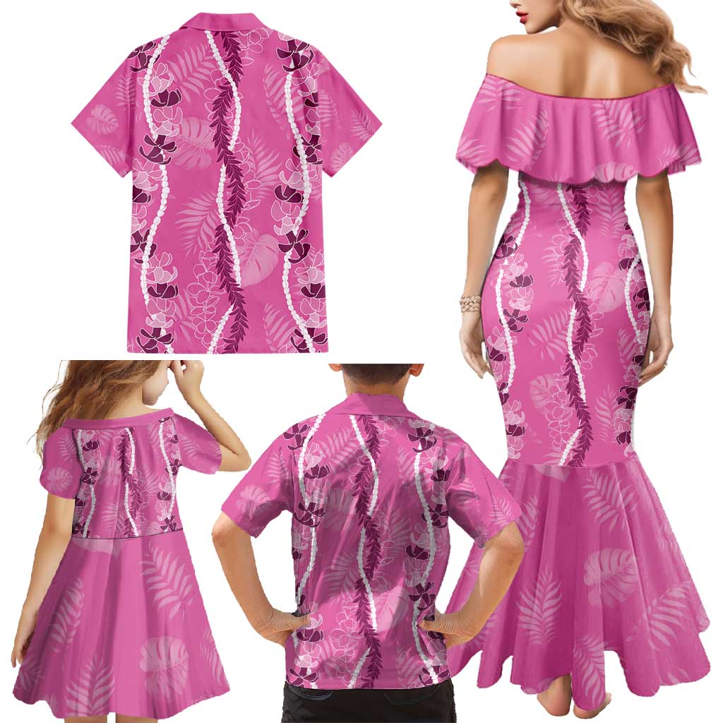 Hawaii Maile Lei Family Matching Mermaid Dress and Hawaiian Shirt With Pink Monstera Pattern