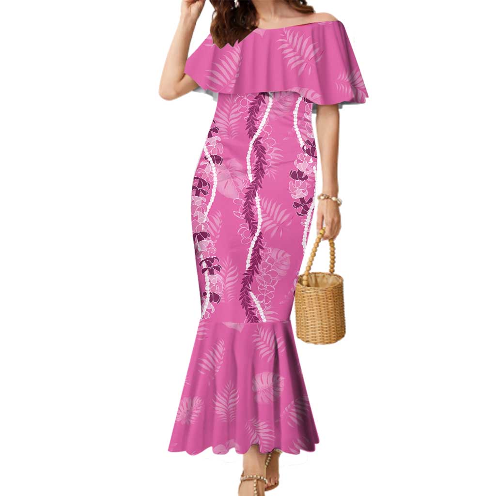 Hawaii Maile Lei Family Matching Mermaid Dress and Hawaiian Shirt With Pink Monstera Pattern