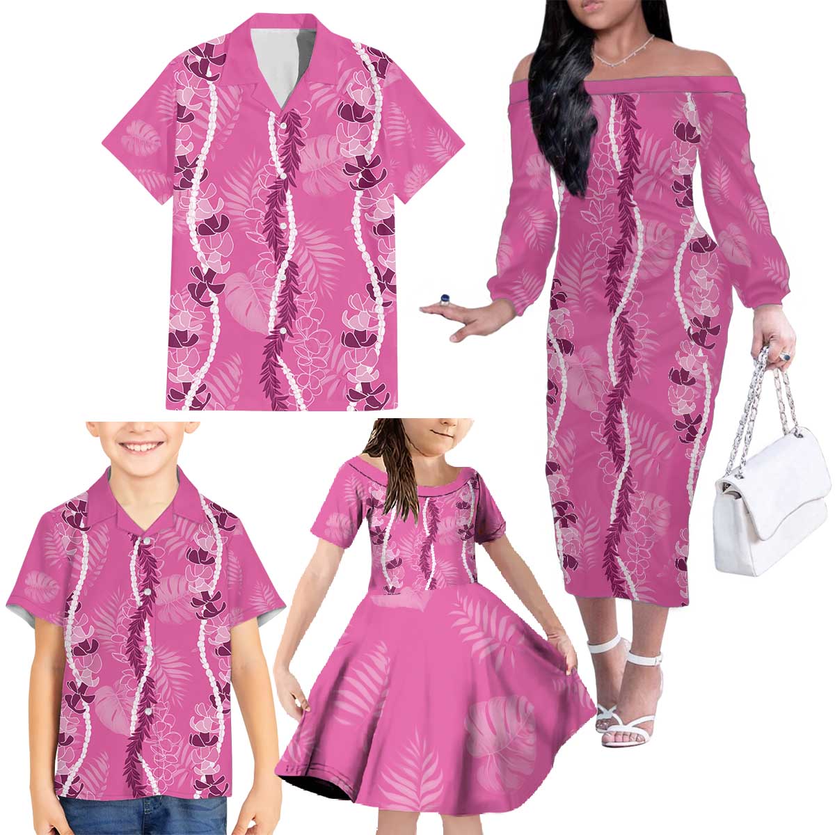 Hawaii Maile Lei Family Matching Off The Shoulder Long Sleeve Dress and Hawaiian Shirt With Pink Monstera Pattern